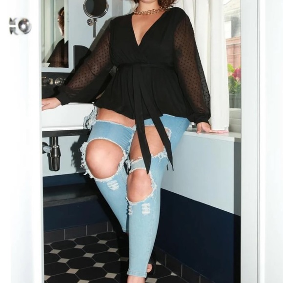 Boho black plus size mesh sleeve peplum blouse - Picture 3 of 5